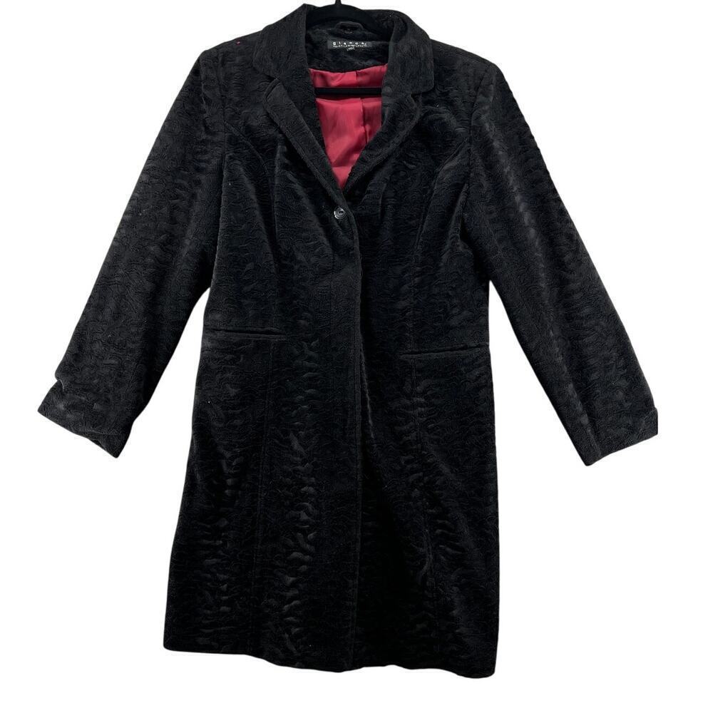 Giacca Gallery Black Textured Velvet Flocked Dress Coat Women’s L Red Lining